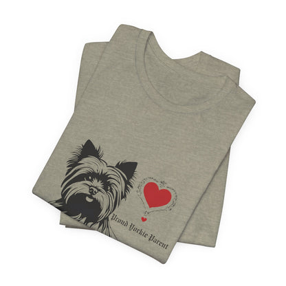 Folded Heather Stone Proud Yorkie Parent t-shirt with Yorkie heart design
