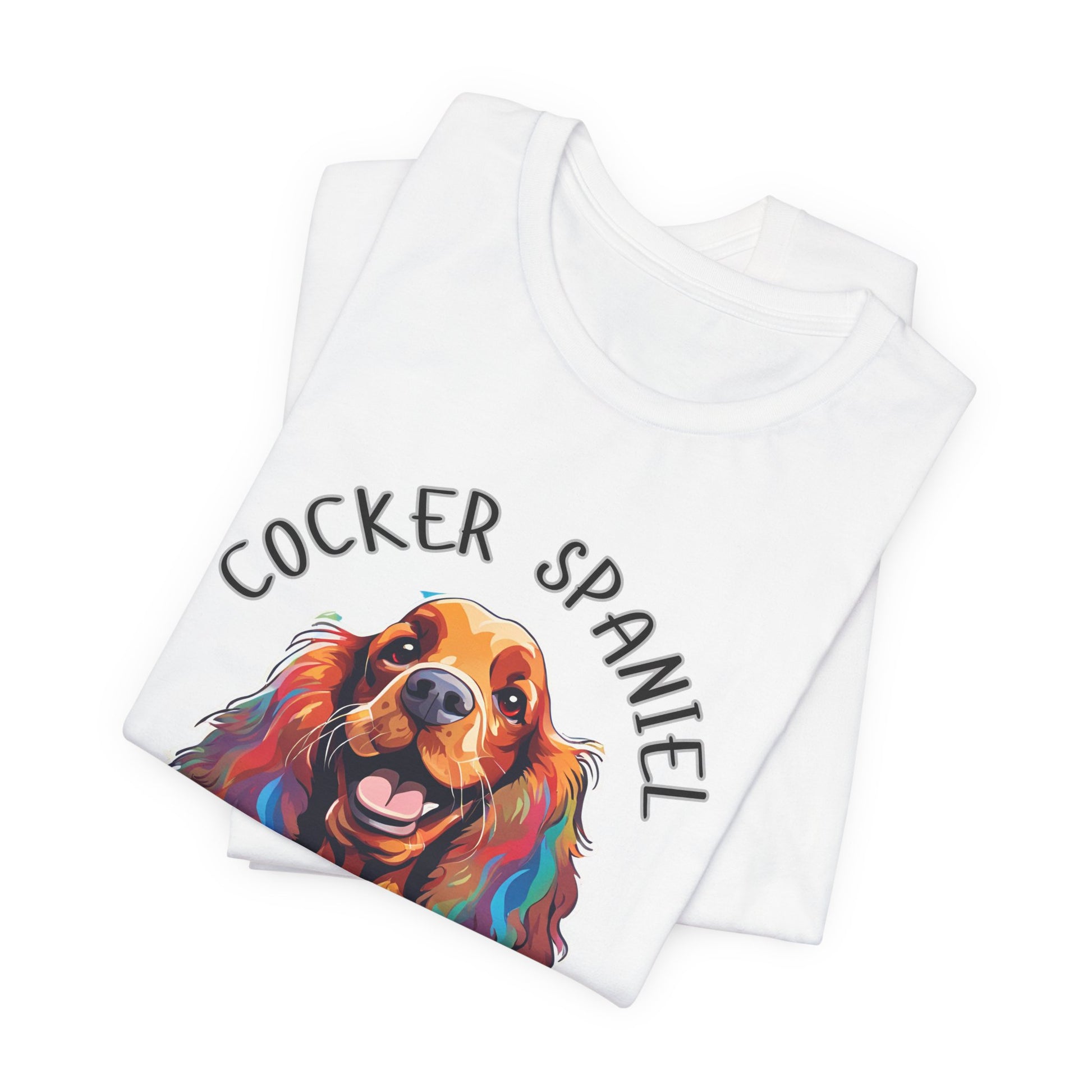 Cocker Spaniel Squad pop-art t-shirt in White, folded view showing print