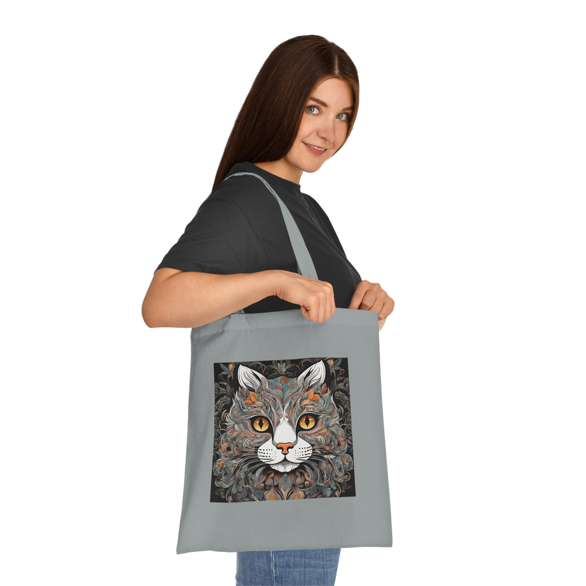 Double-sided cat tote bag in grey — side angle showing flat corner construction