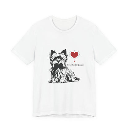 Proud Yorkie Parent t-shirt in White — Yorkshire Terrier heart graphic tee, front view