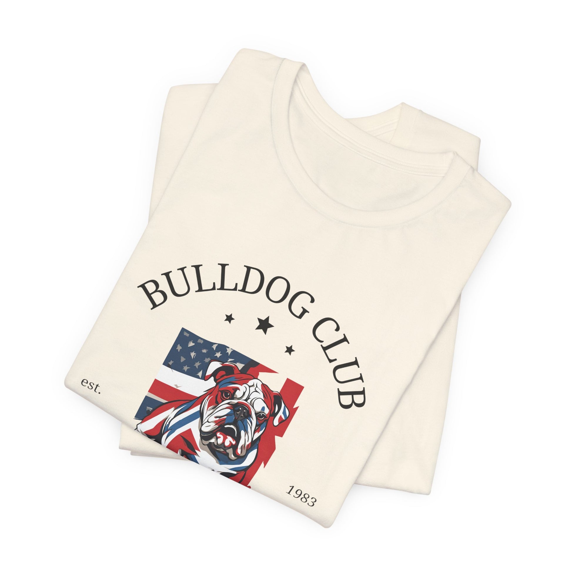 Folded Natural Bulldog Club t-shirt with American flag bulldog design