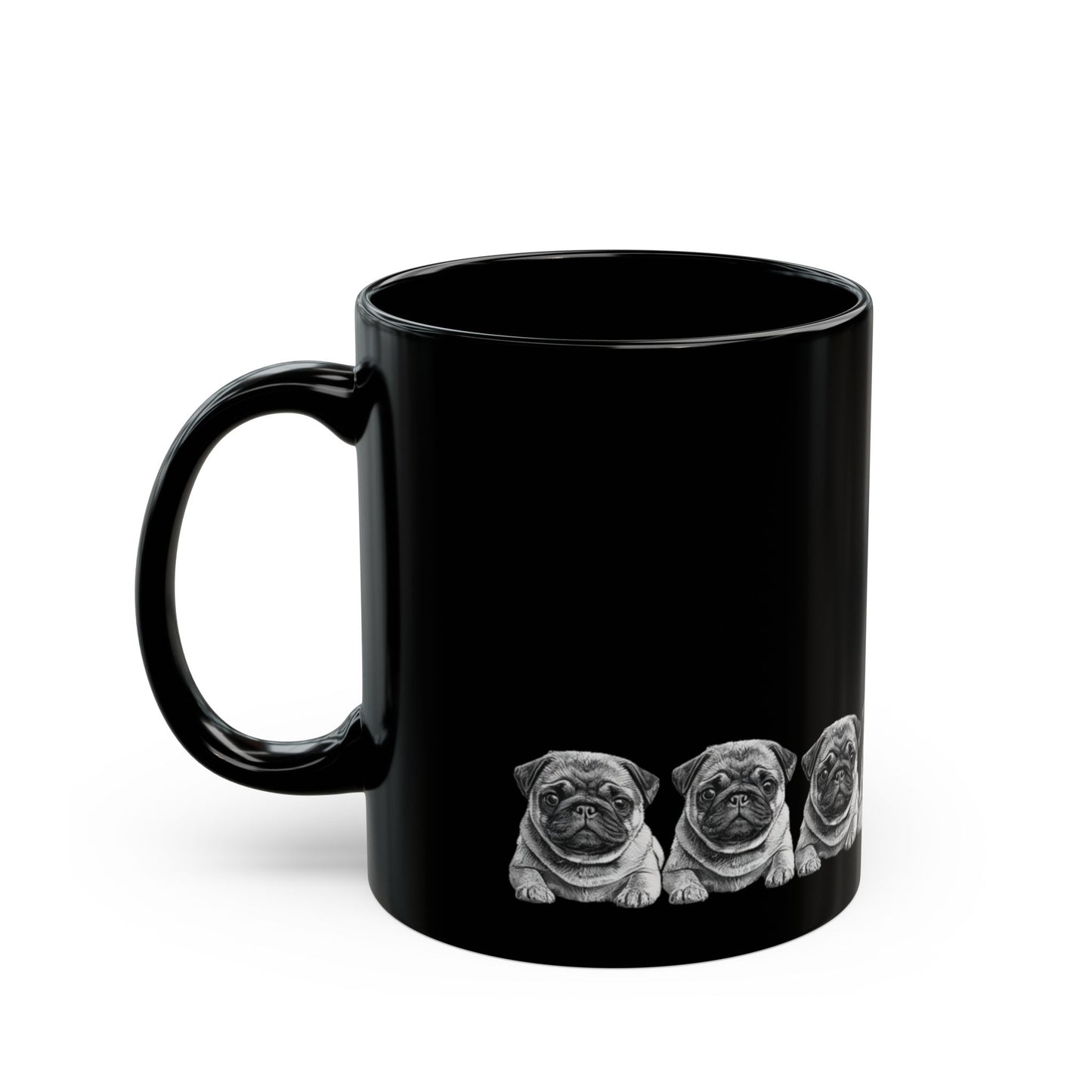 Pug Parade Black Ceramic Mug — 11oz & 15oz Cute Pug Lineup Coffee Cup
