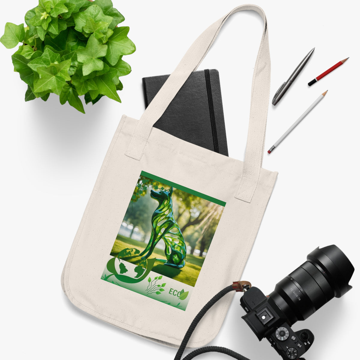SniffWaggleNWalk™ eco friendly dog canvas tote bag in natural cotton — front view