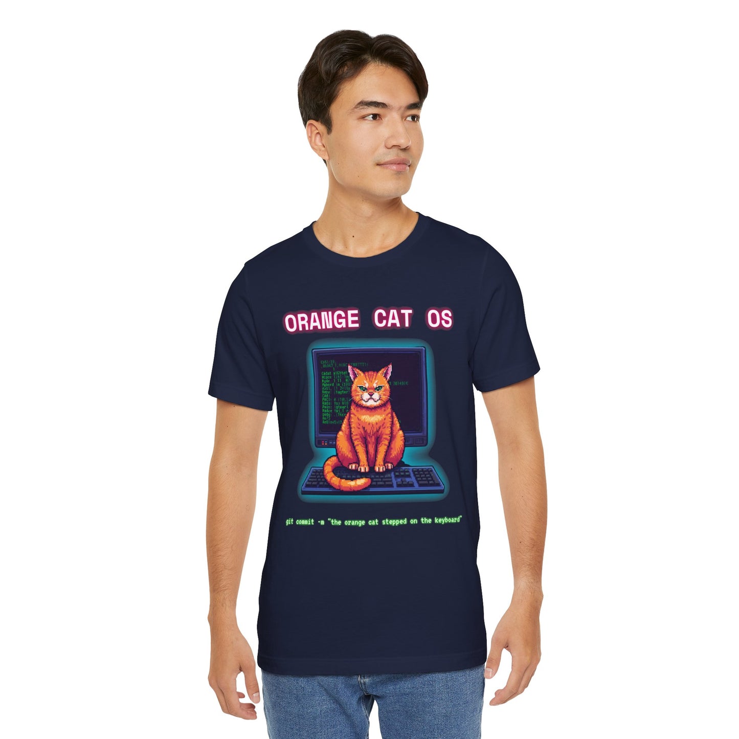 Orange Cat OS T-Shirt — Retro Computer Cat Tee ("Orange Cat OS" with keyboard caption)
