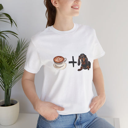 Coffee and Dachshunds T-Shirt — Red — worn lifestyle shot — SniffWaggleNWalk™