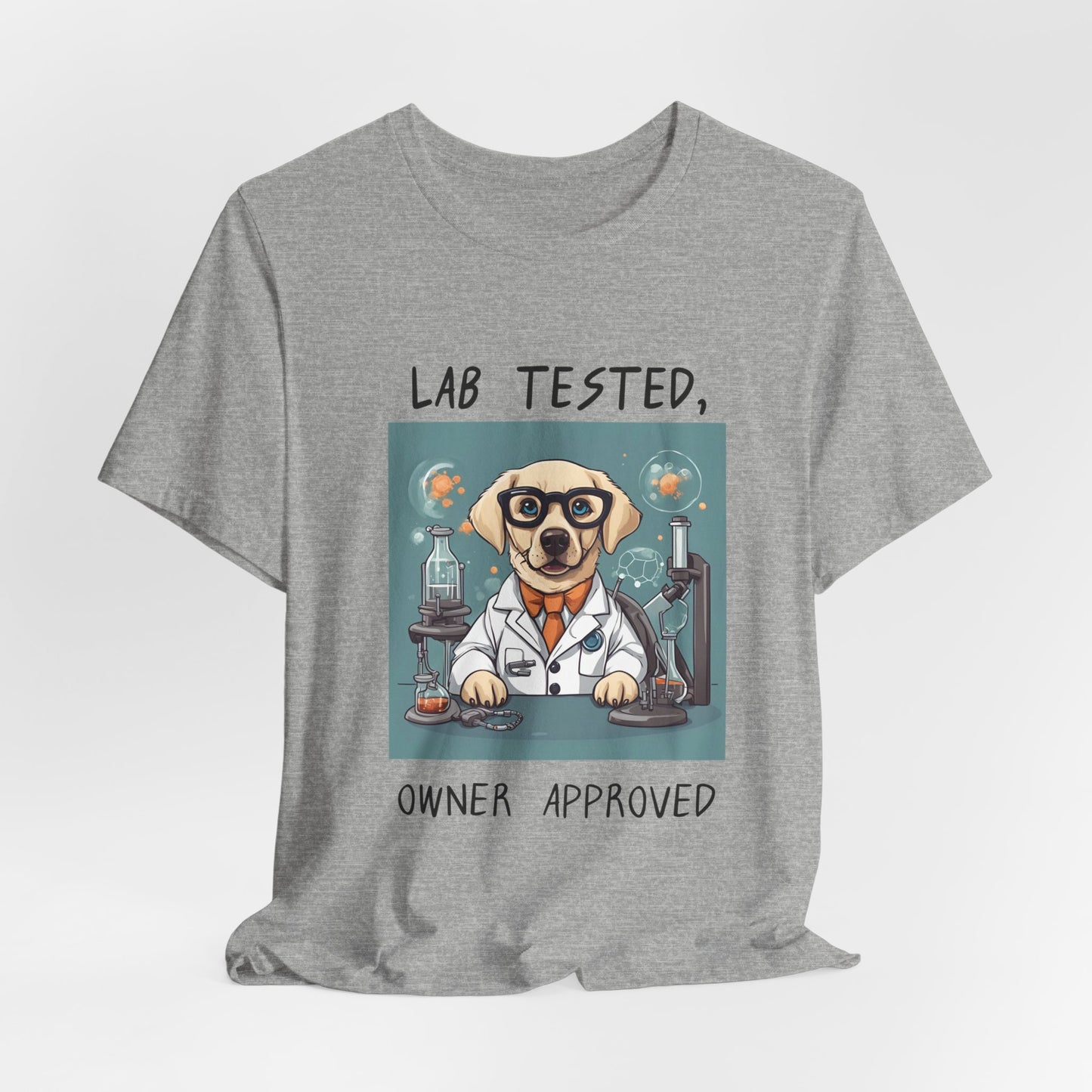 Lab Tested Owner Approved Labrador t-shirt in Athletic Heather, hanging front view