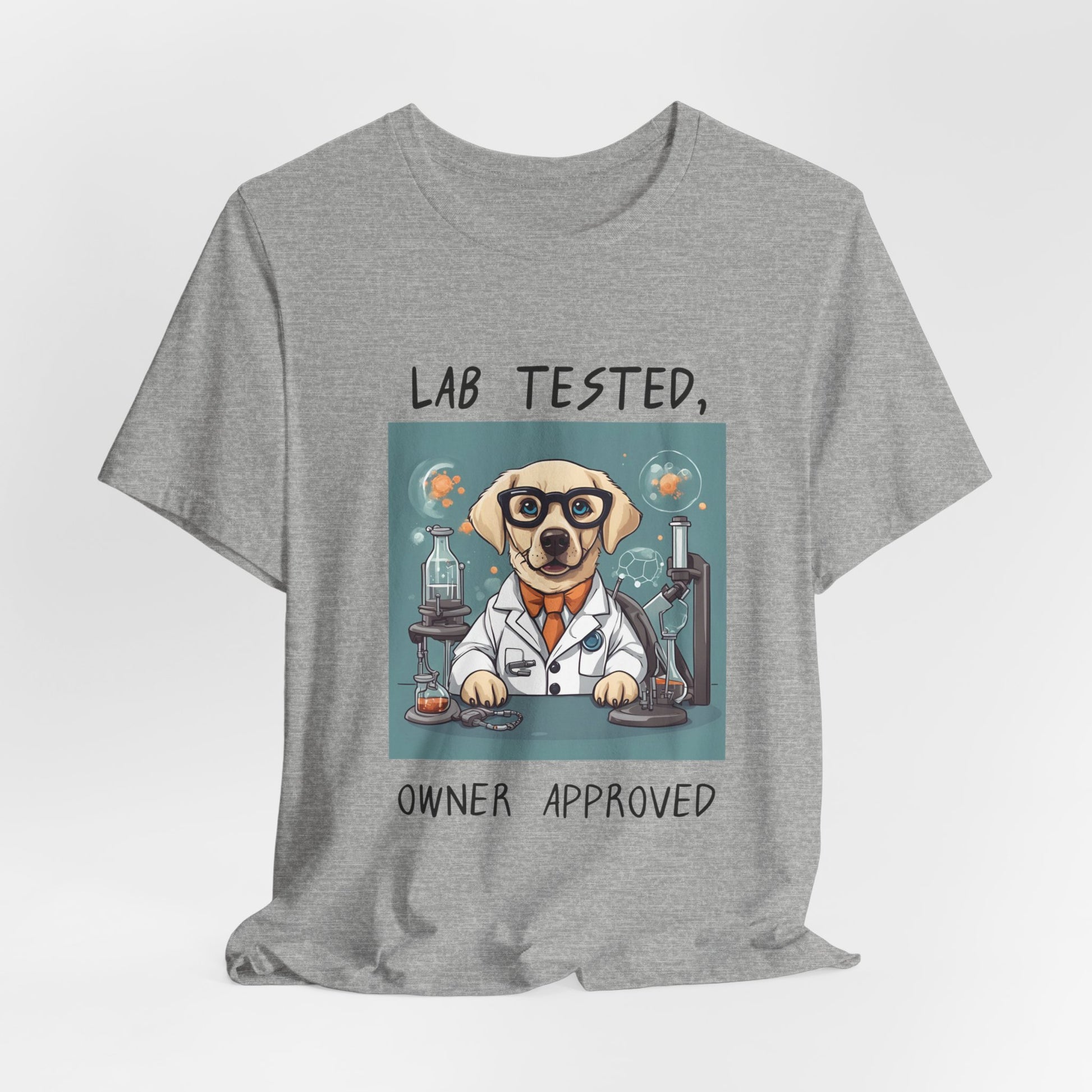 Lab Tested Owner Approved Labrador t-shirt in Athletic Heather, hanging front view