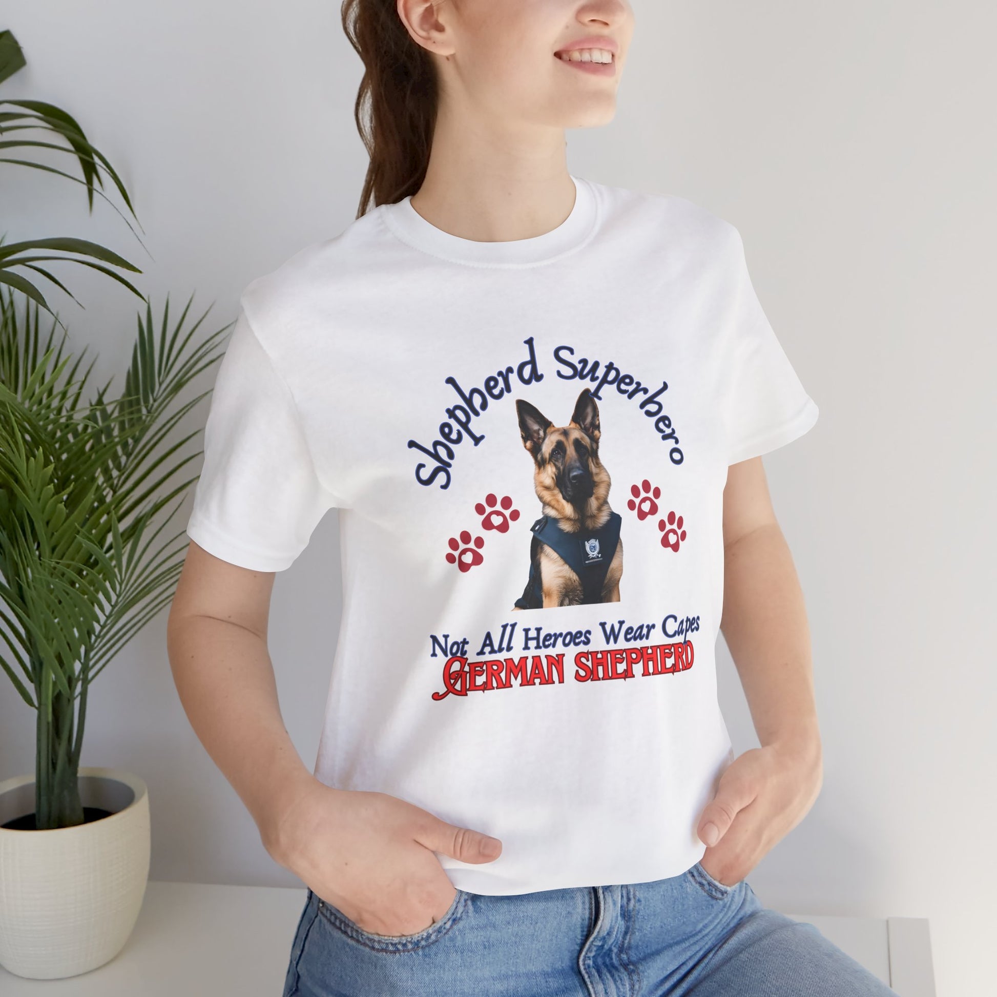Shepherd Superhero Not All Heroes Wear Capes t-shirt in White worn by a model, front view