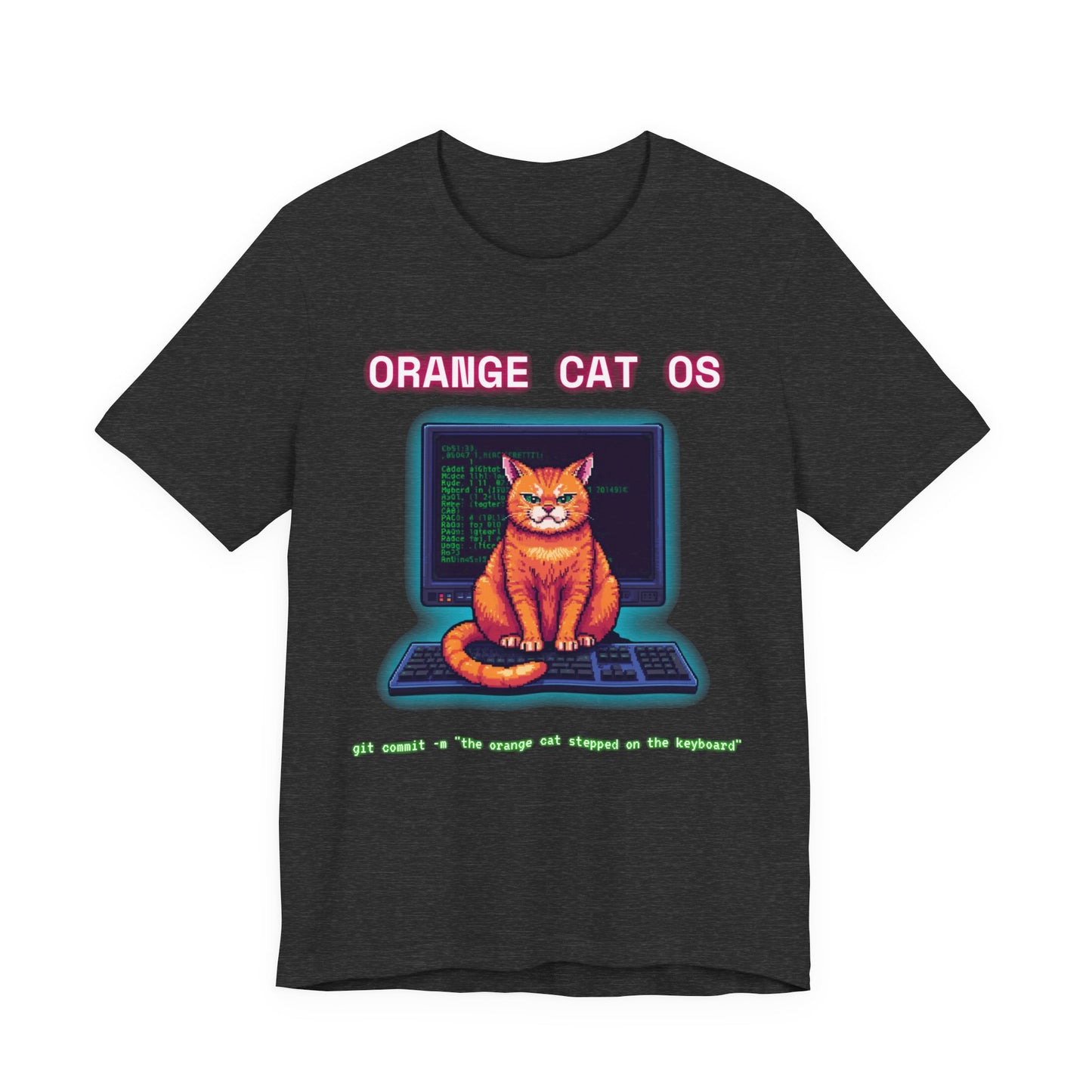 Orange Cat OS T-Shirt — Retro Computer Cat Tee ("Orange Cat OS" with keyboard caption)