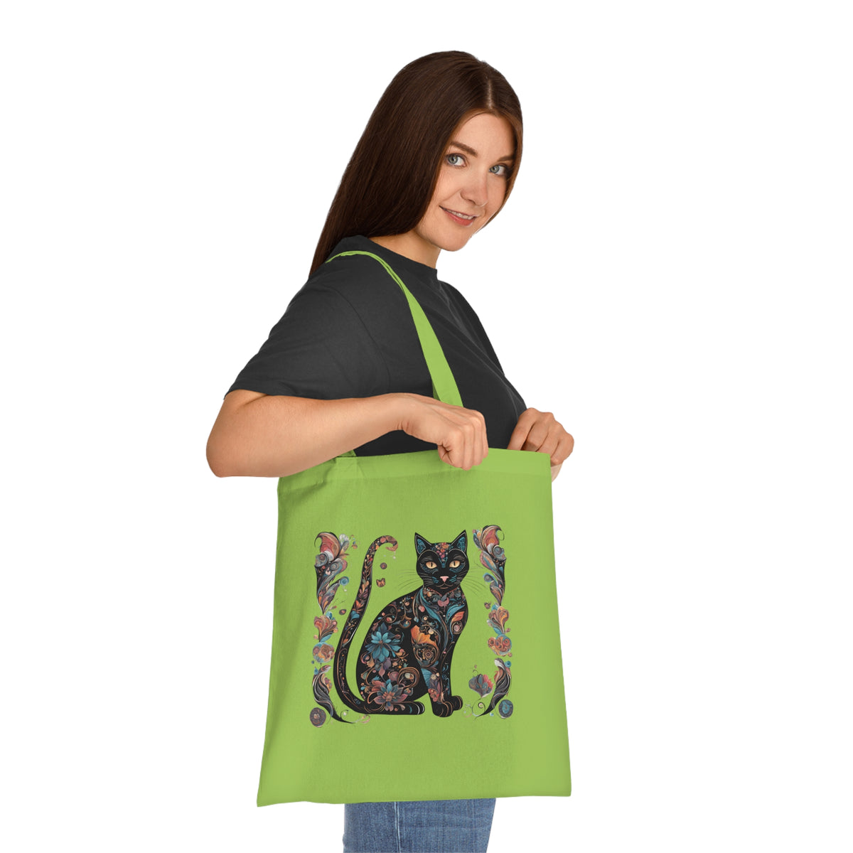 Adorable cat design lightweight tote — close-up of cat illustration and fabric texture