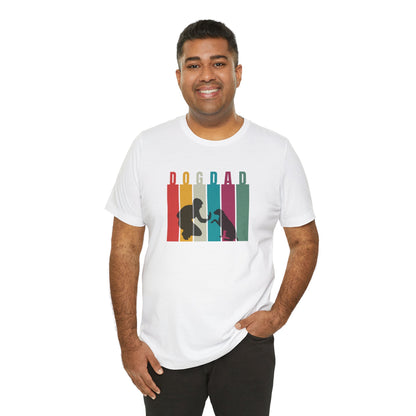 Dog Dad T-Shirt in White — retro colour-block man and dog silhouette design