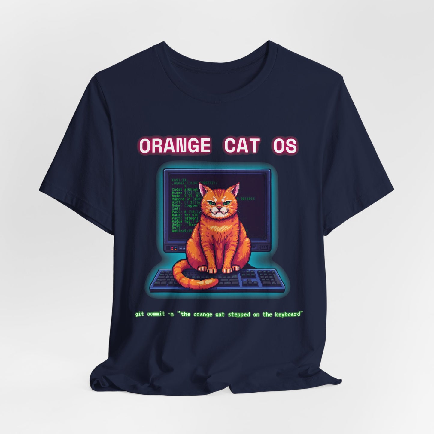 Orange Cat OS T-Shirt — Retro Computer Cat Tee ("Orange Cat OS" with keyboard caption)