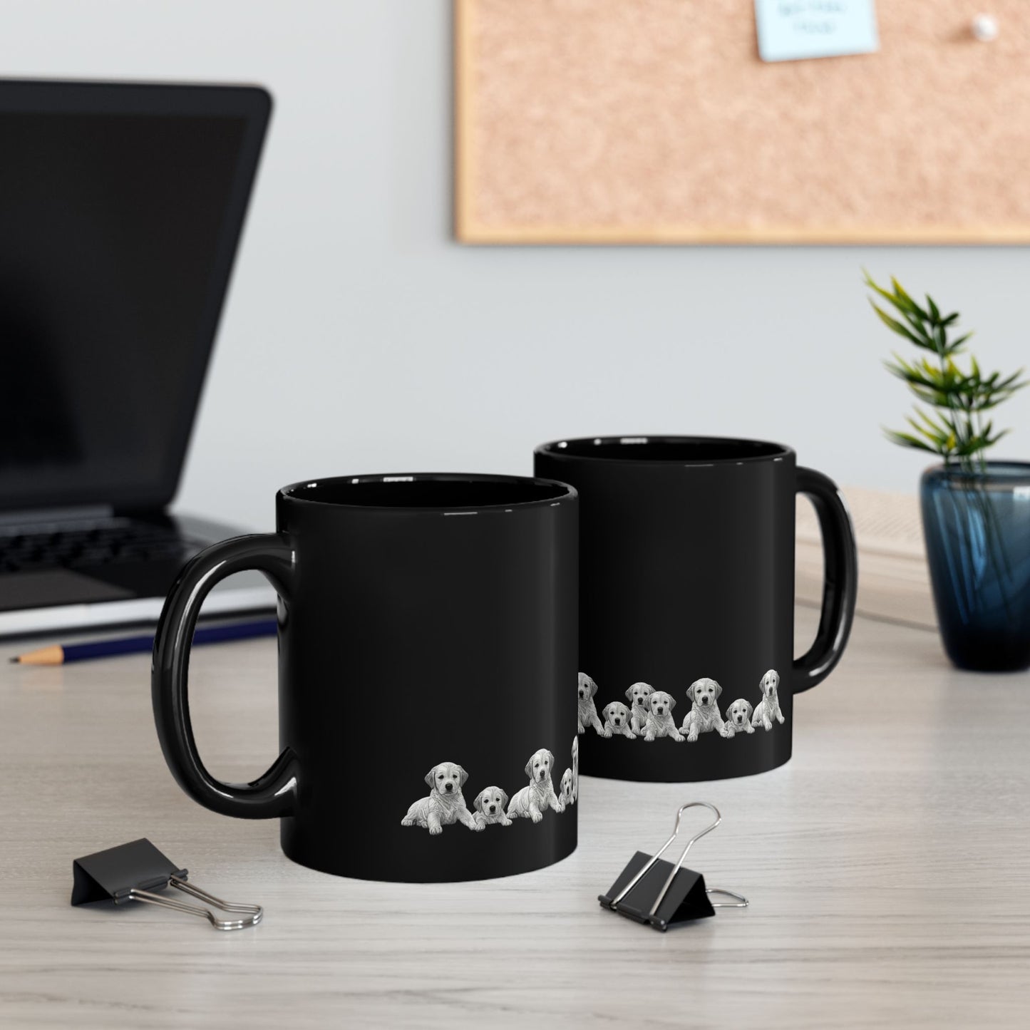 Black Puppy Row Mug — Cute golden retriever Puppies Ceramic Coffee Cup (11oz/15oz)