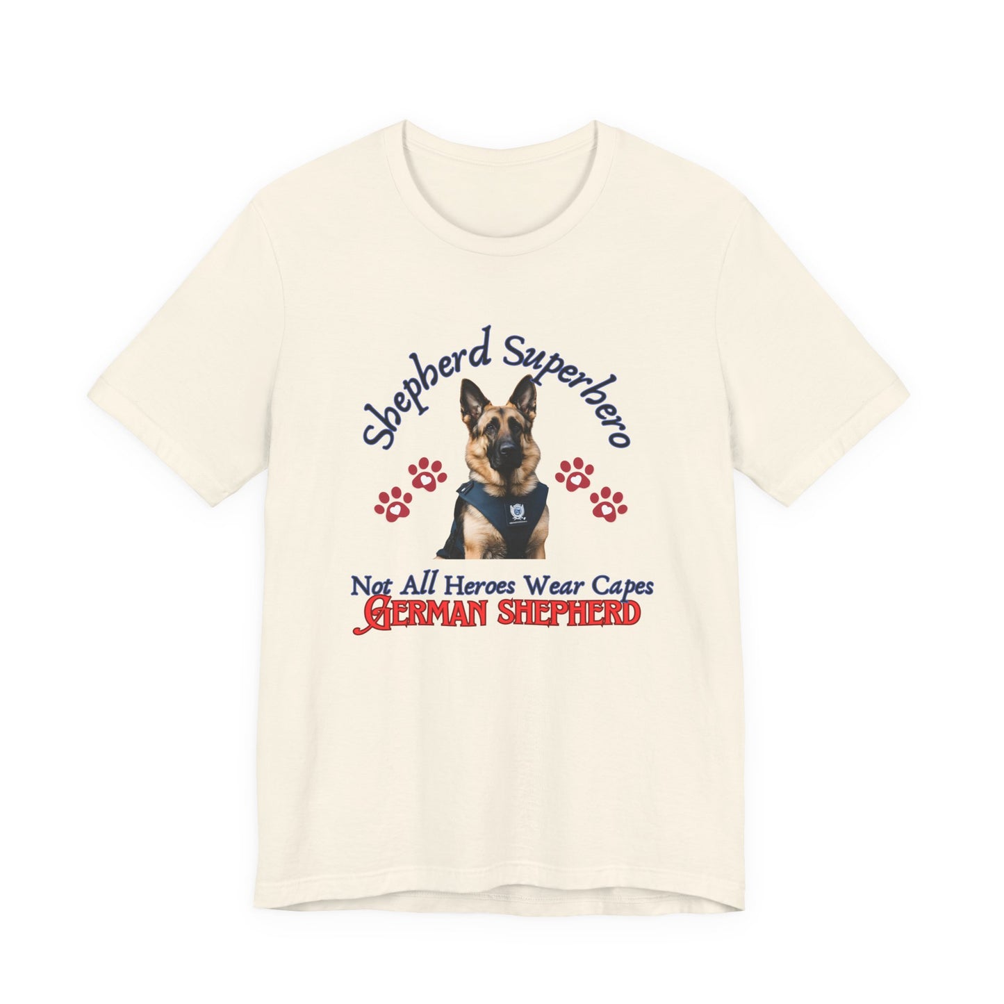 Shepherd Superhero German Shepherd t-shirt in Natural, flat lay front view