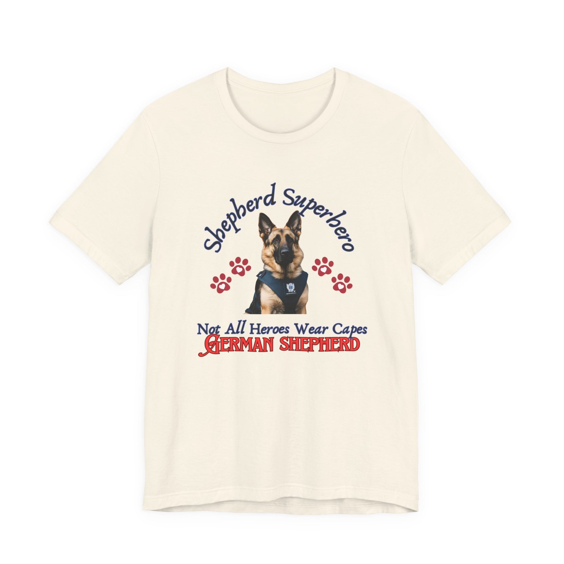 Shepherd Superhero German Shepherd t-shirt in Natural, flat lay front view