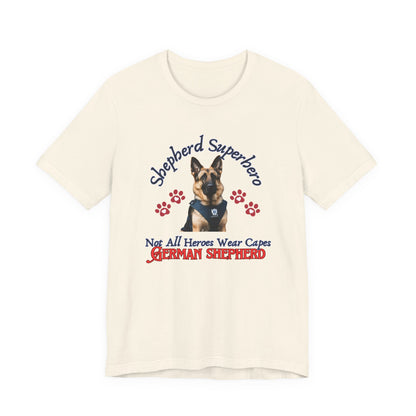 Shepherd Superhero German Shepherd t-shirt in Natural, flat lay front view