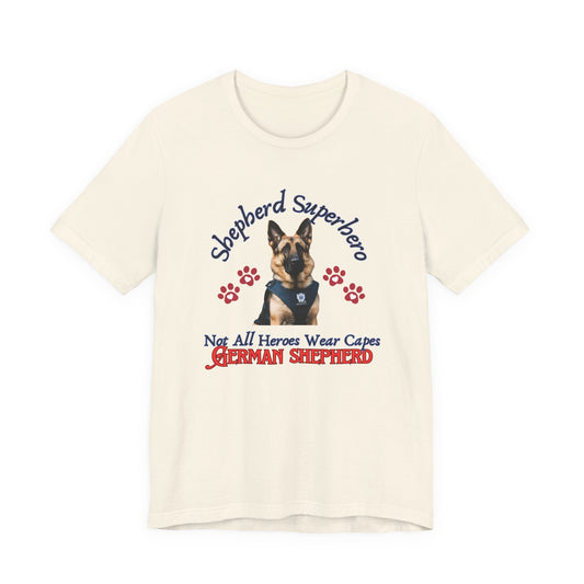 Shepherd Superhero German Shepherd t-shirt in Natural, flat lay front view