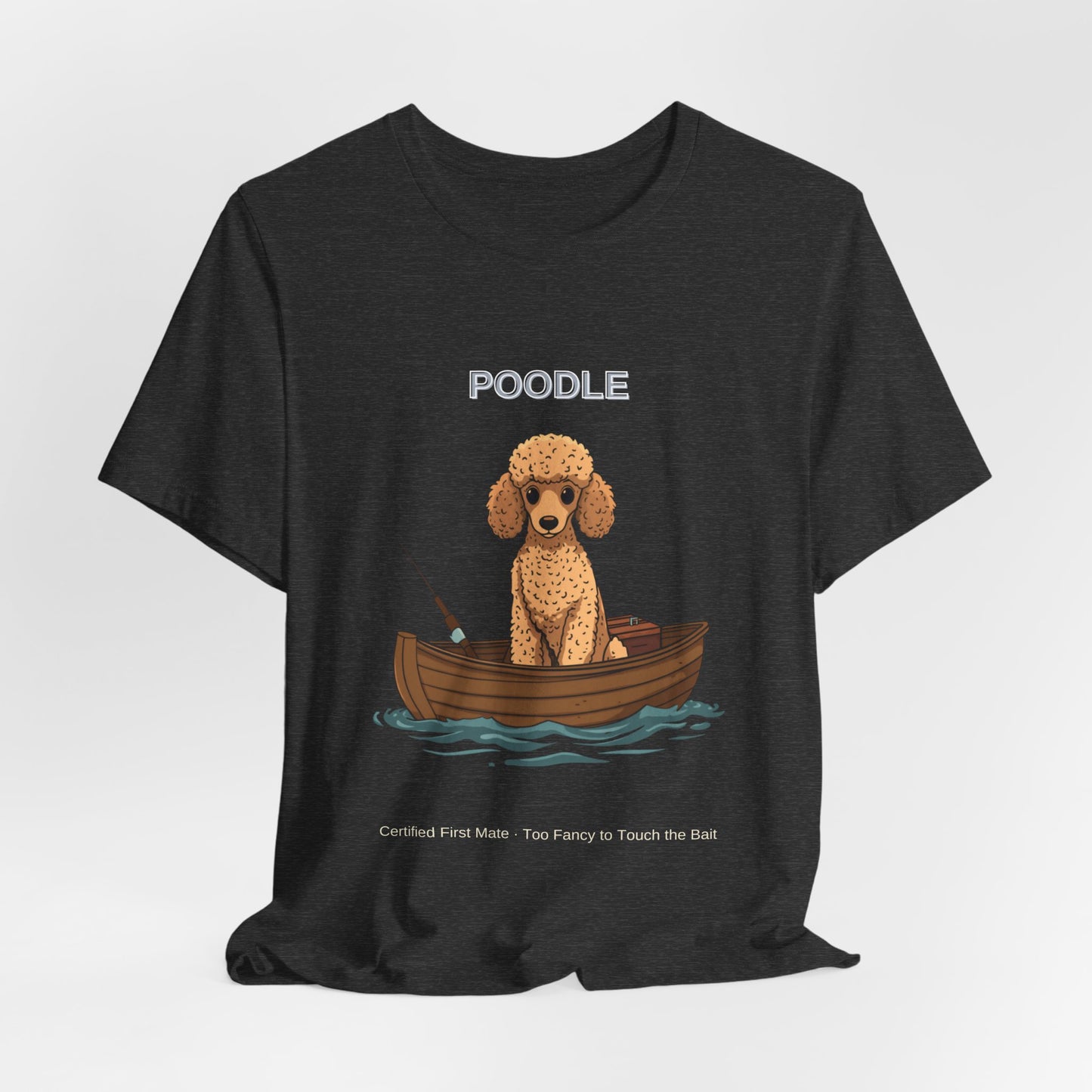 Poodle Fishing Buddy t-shirt worn by model, full body shot