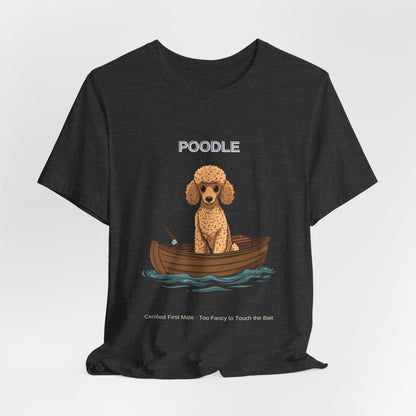 Poodle Fishing Buddy t-shirt worn by model, full body shot