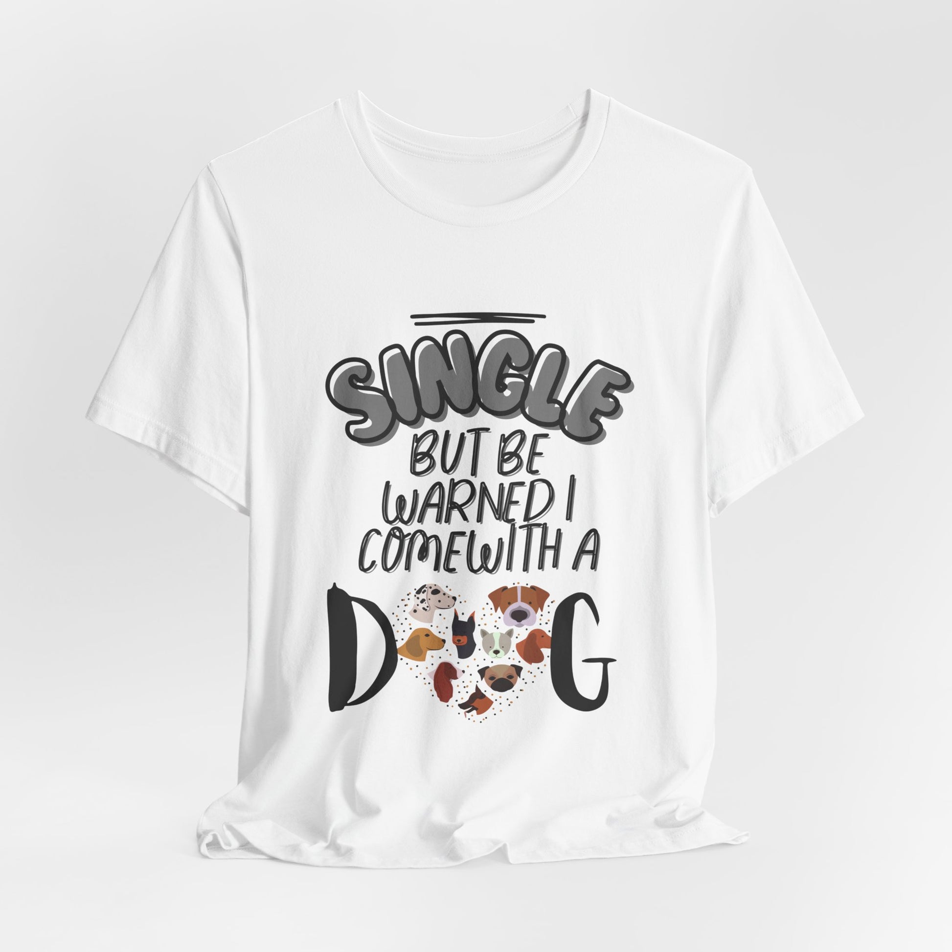 Dating-humour dog t-shirt with colourful dog faces, detail
