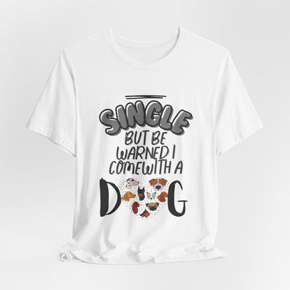 Dating-humour dog t-shirt with colourful dog faces, detail