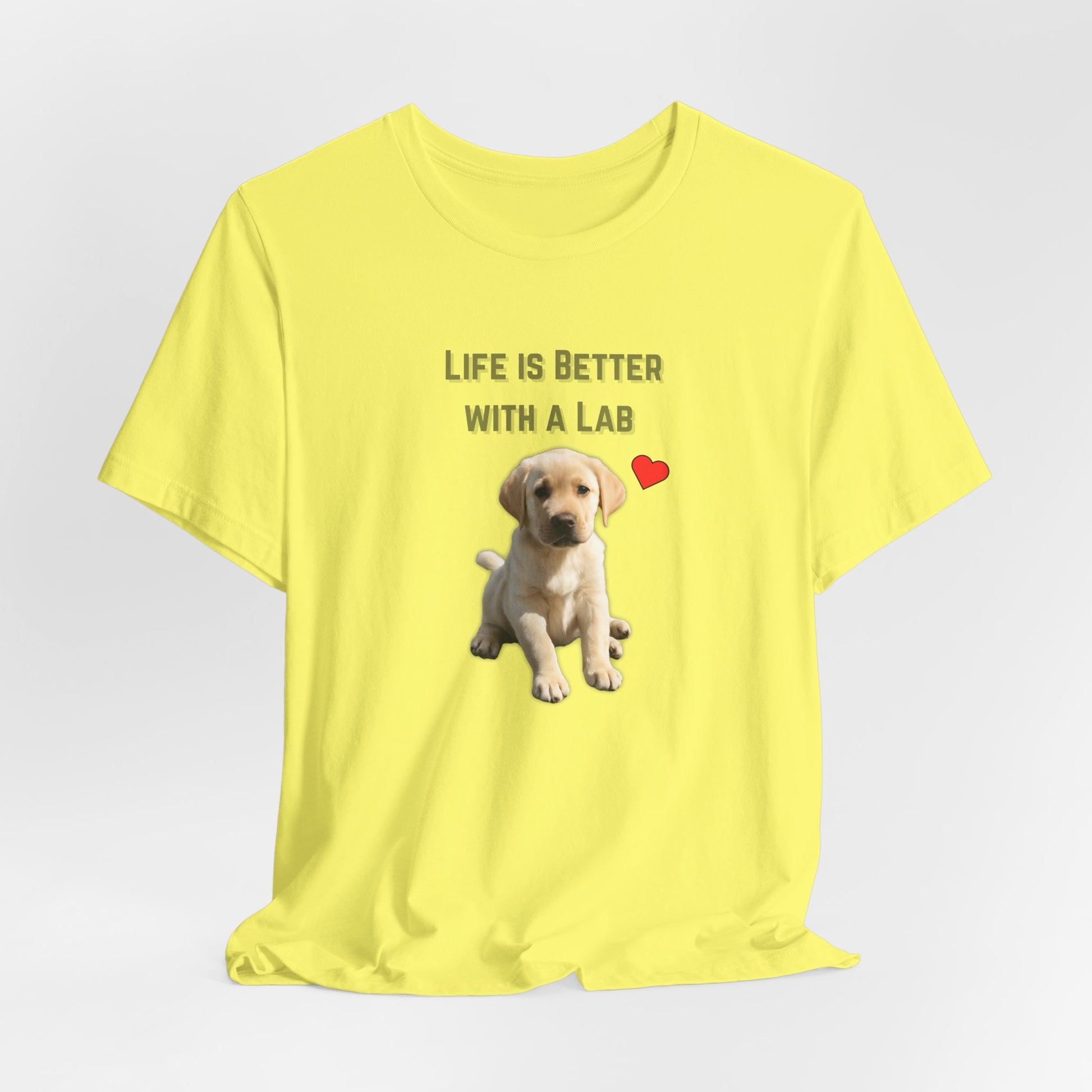 Life Is Better with a Lab puppy t-shirt in Yellow, hanging front view