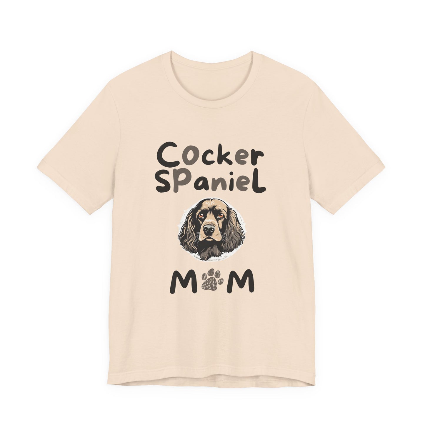 Cocker Spaniel Mum t-shirt in Soft Cream with paw-print MUM design, flat lay front view
