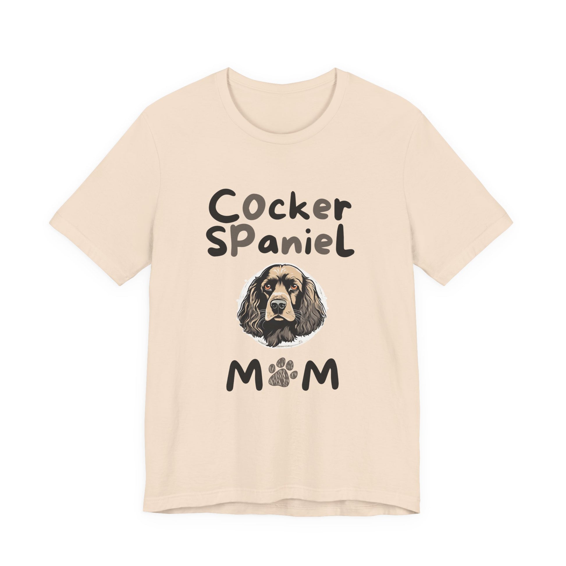 Cocker Spaniel Mum t-shirt in Soft Cream with paw-print MUM design, flat lay front view