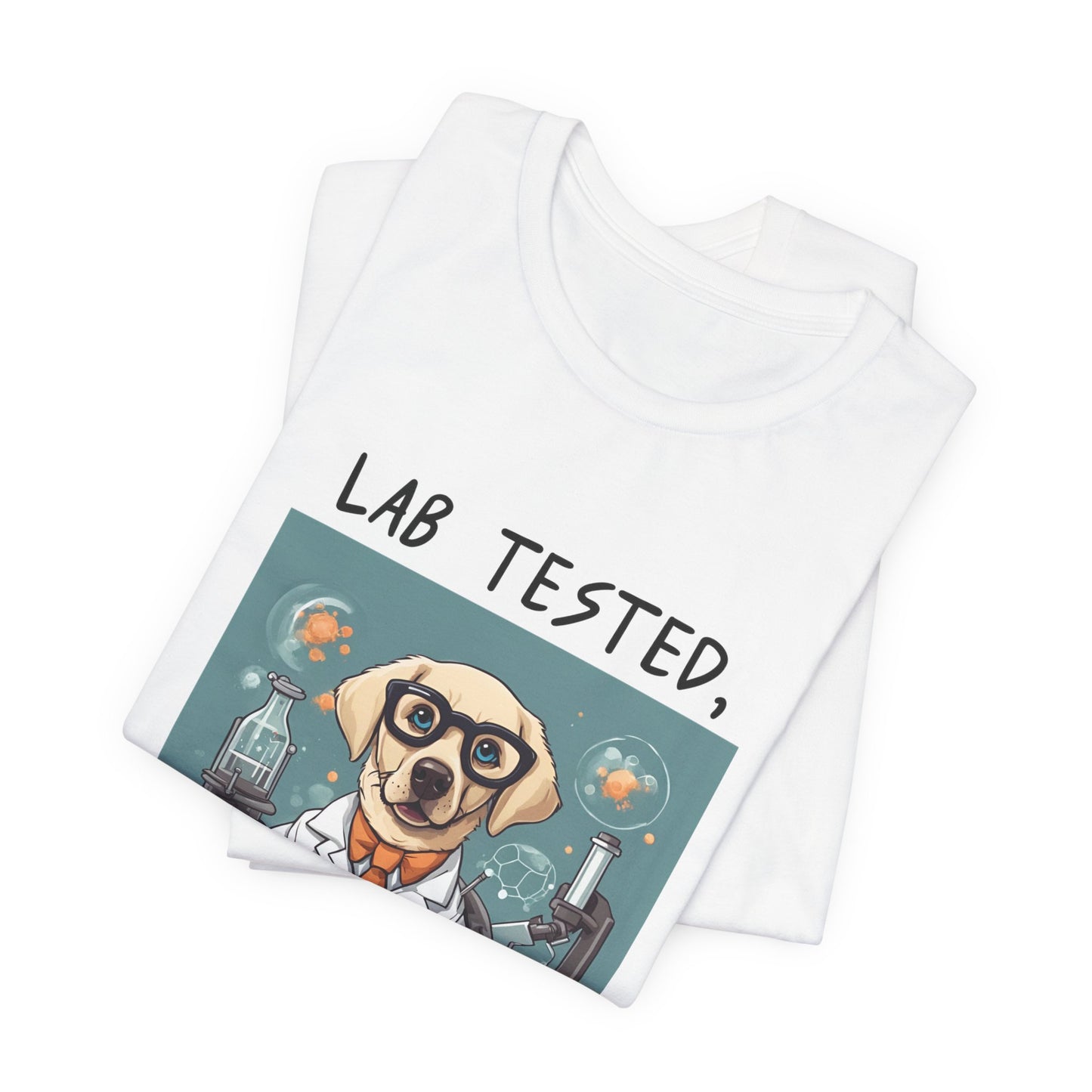 Lab Tested Owner Approved Labrador t-shirt in White, folded view showing scientist Lab print