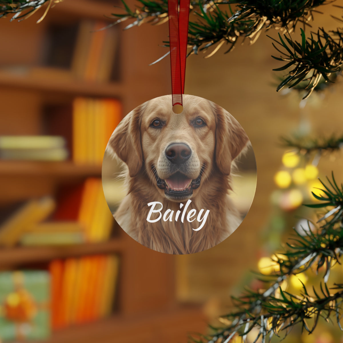 Personalized Dog Photo Metal Ornament – Custom Pet Name (e.g., Bailey)