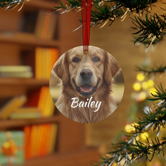 Personalized Dog Photo Metal Ornament – Custom Pet Name (e.g., Bailey)