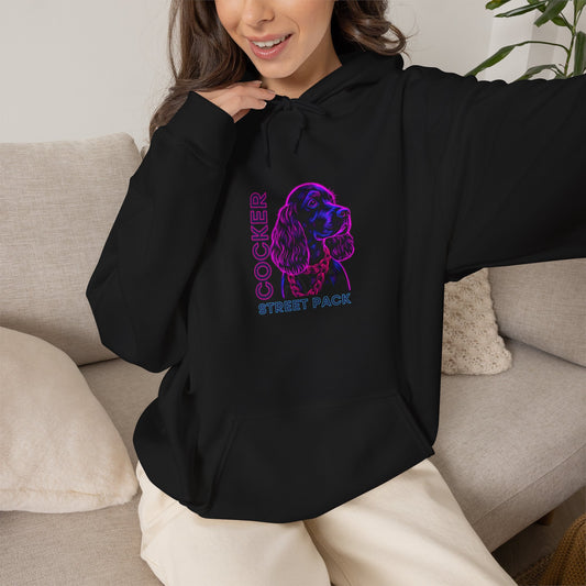 Cocker Spaniel streetwear hoodie with neon magenta dog and gold chain graphic