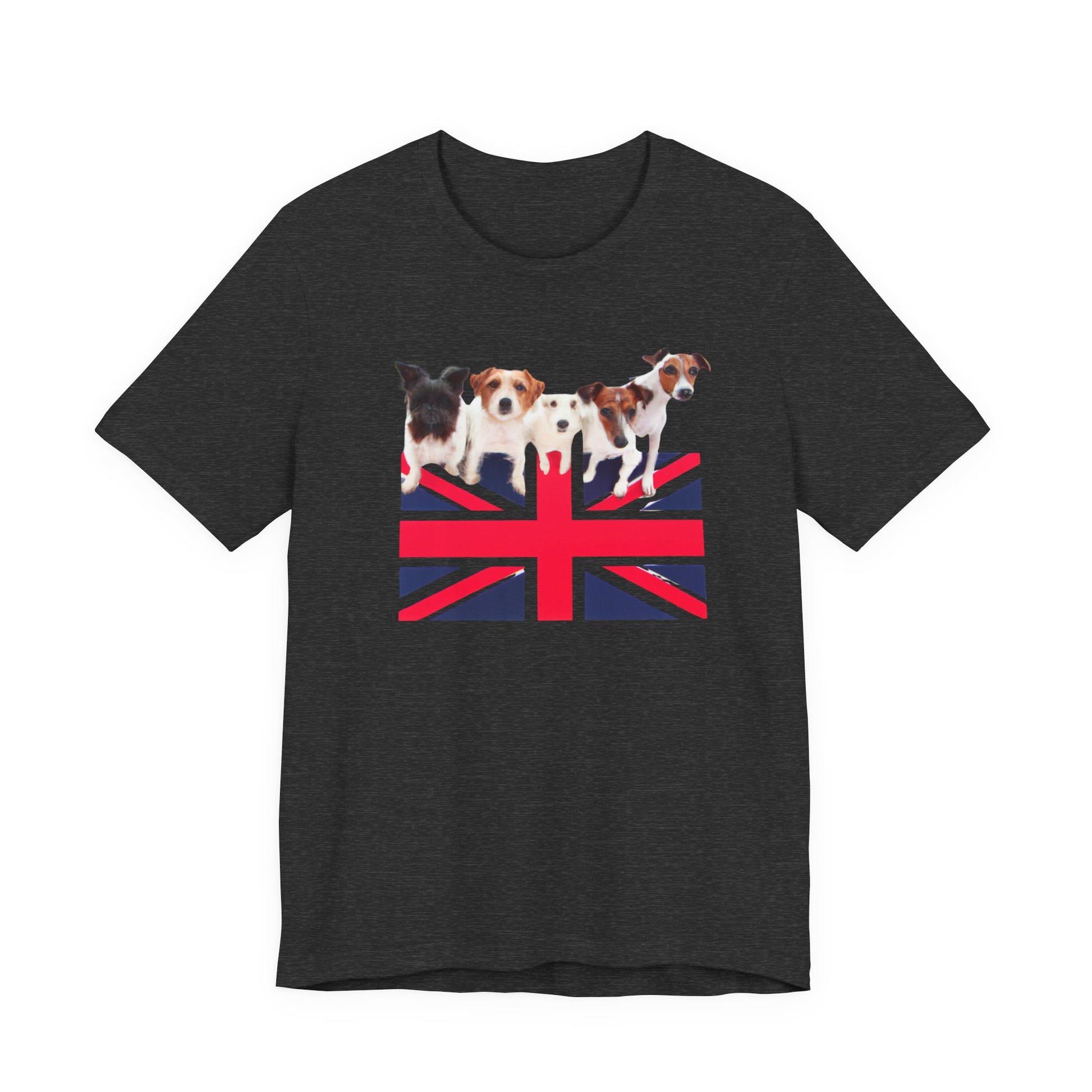 Union Jack Dog Pack T-Shirt in Dark Grey Heather — British flag with dogs design