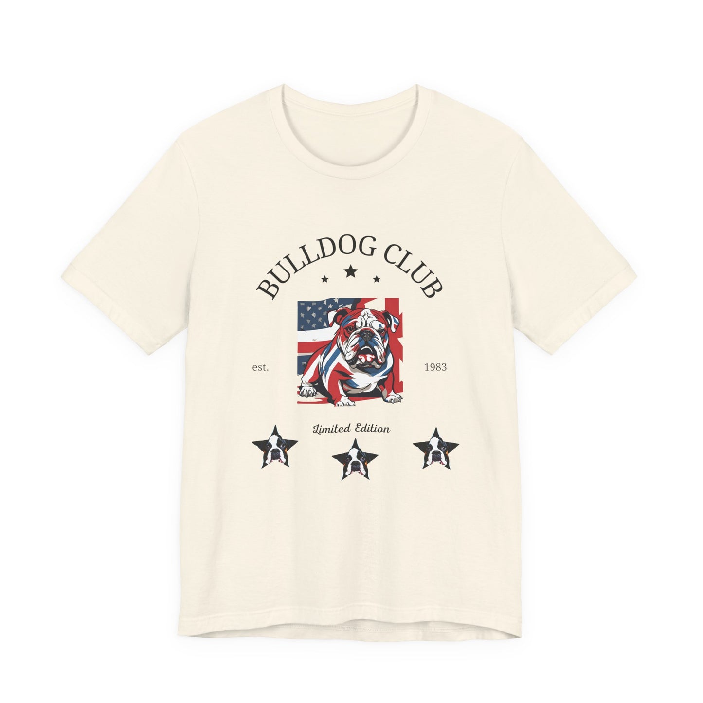 Natural Bulldog Club unisex tee laid flat showing vintage flag bulldog crest print