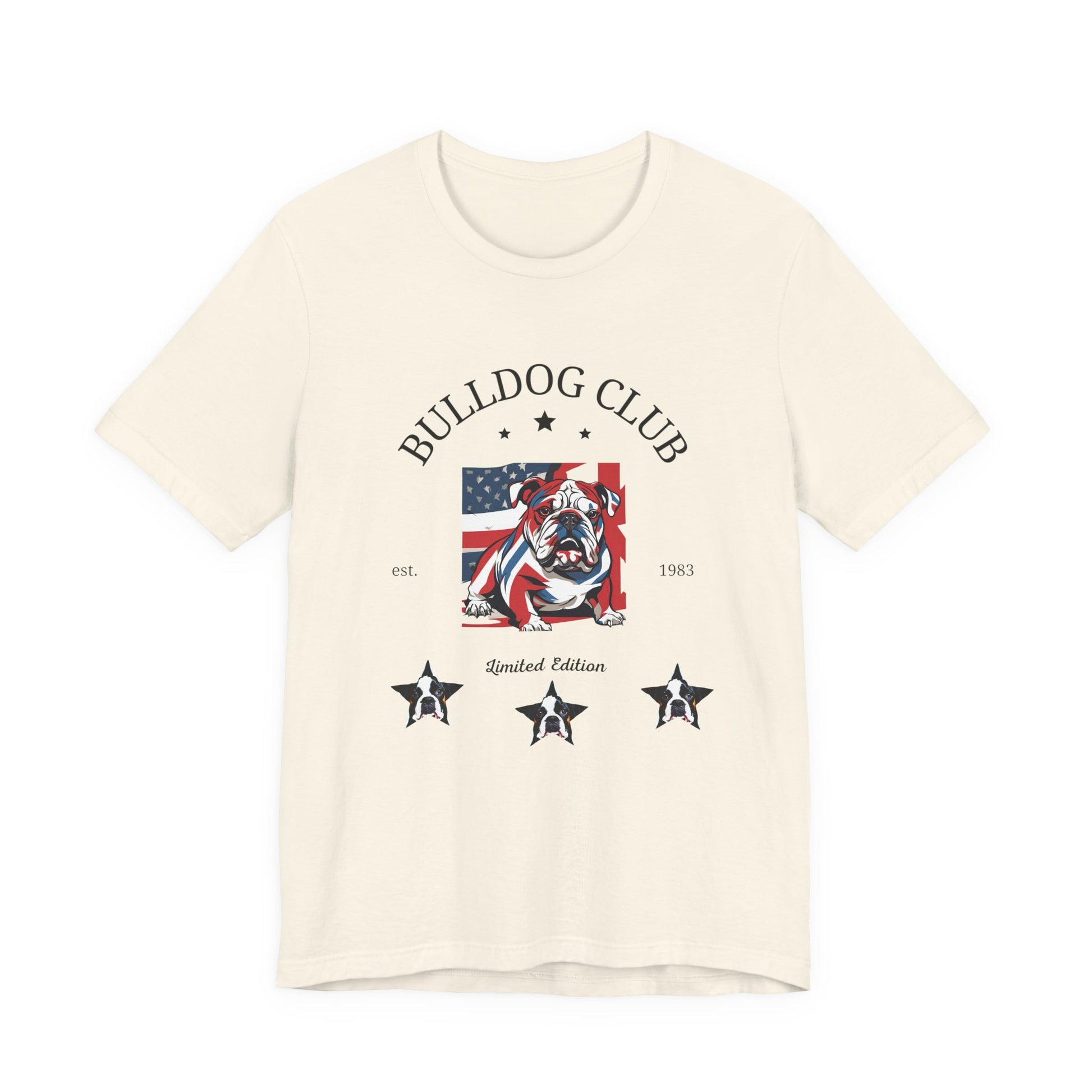 Natural Bulldog Club unisex tee laid flat showing vintage flag bulldog crest print