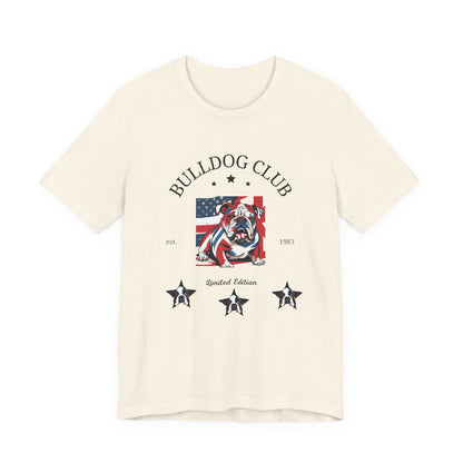 Natural Bulldog Club unisex tee laid flat showing vintage flag bulldog crest print