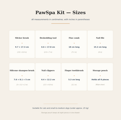 PawSpa Kit sizes chart with measurements in centimeters and inches.