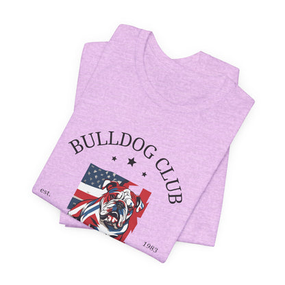Folded Heather Prism Lilac Bulldog Club t-shirt with flag bulldog crest design