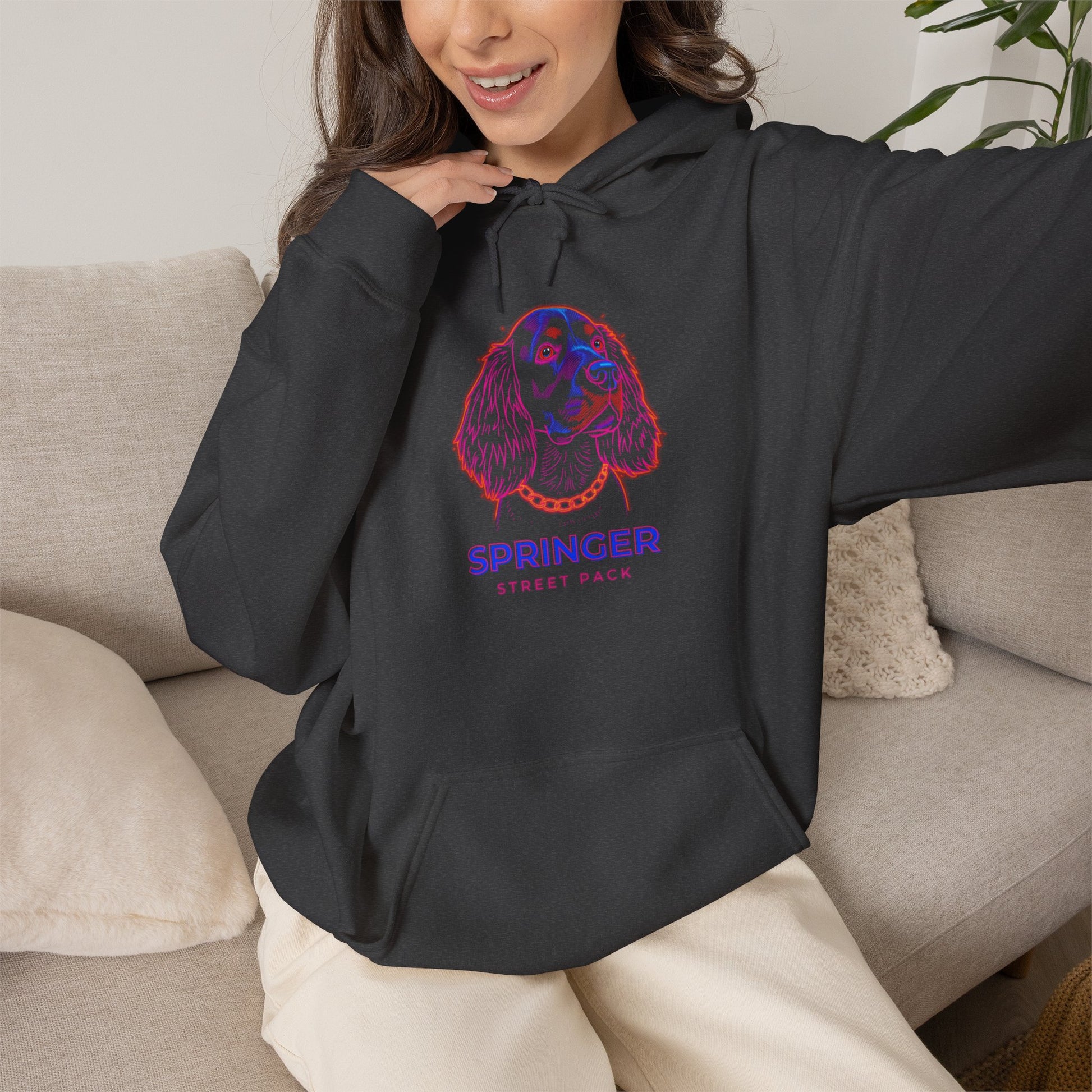 Springer Spaniel Street Pack neon hoodie on navy fabric