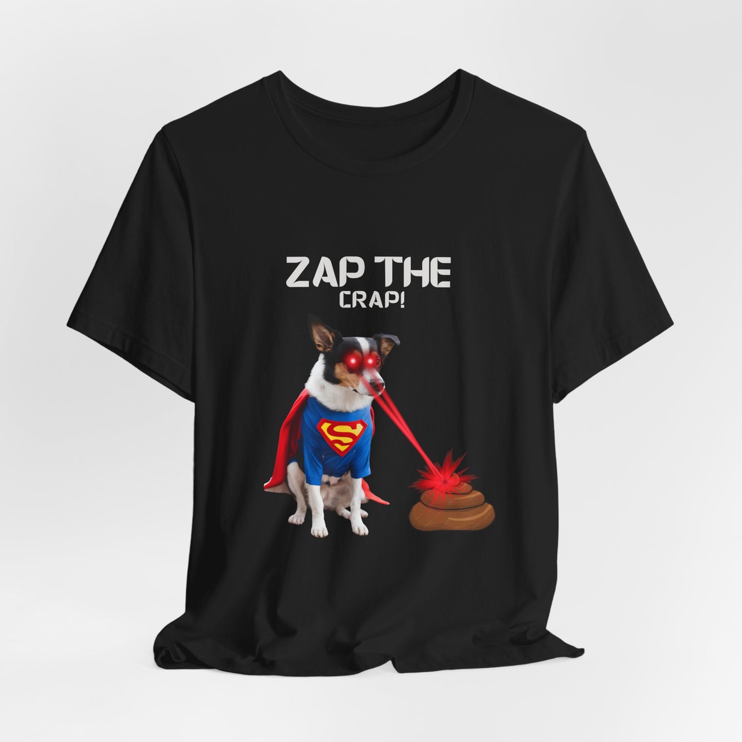 Laser Poo Edition t-shirt — Red, flat lay, bold humorous dog graphic on Bella+Canvas 3001