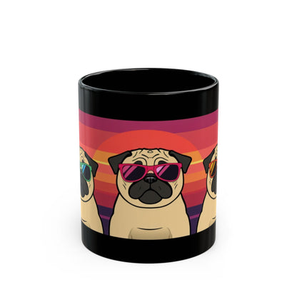 Pug in sunglasses retro sunset mug front view