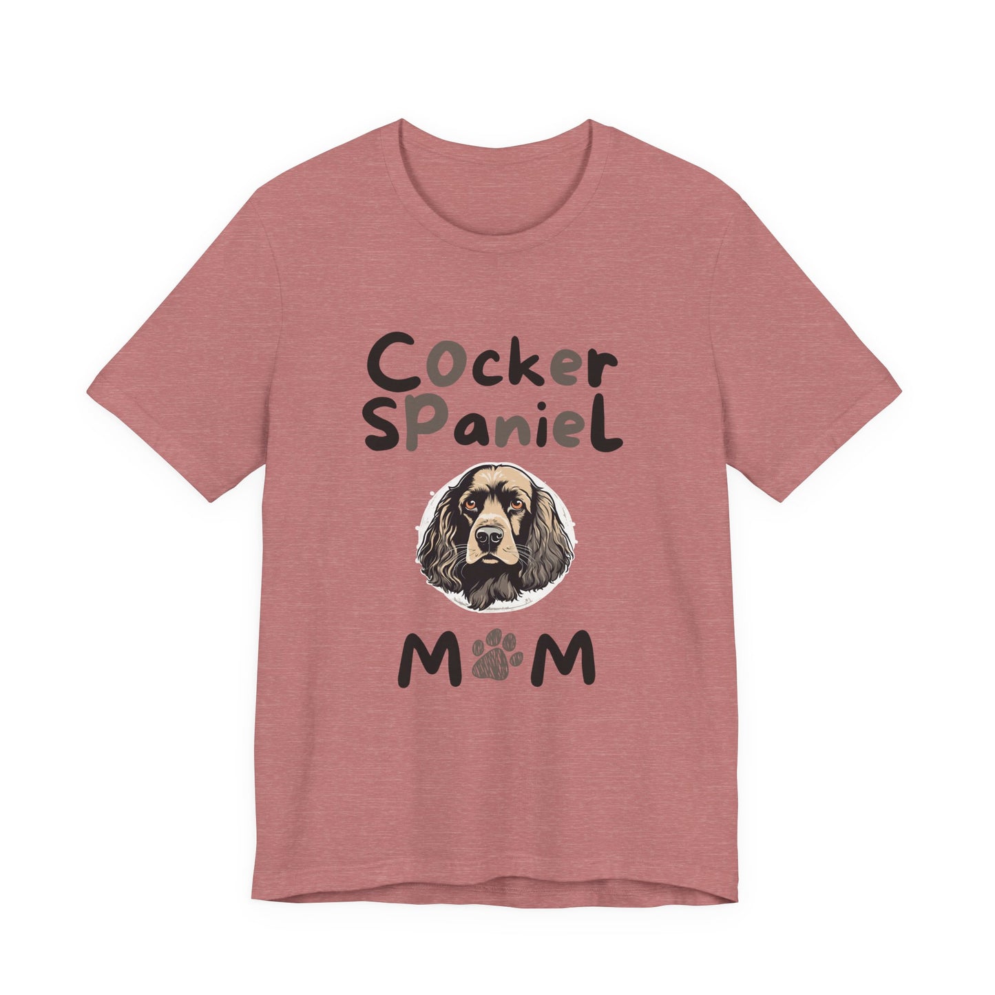 Cocker Spaniel Mum t-shirt in Heather Mauve with paw-print MUM design, flat lay front view