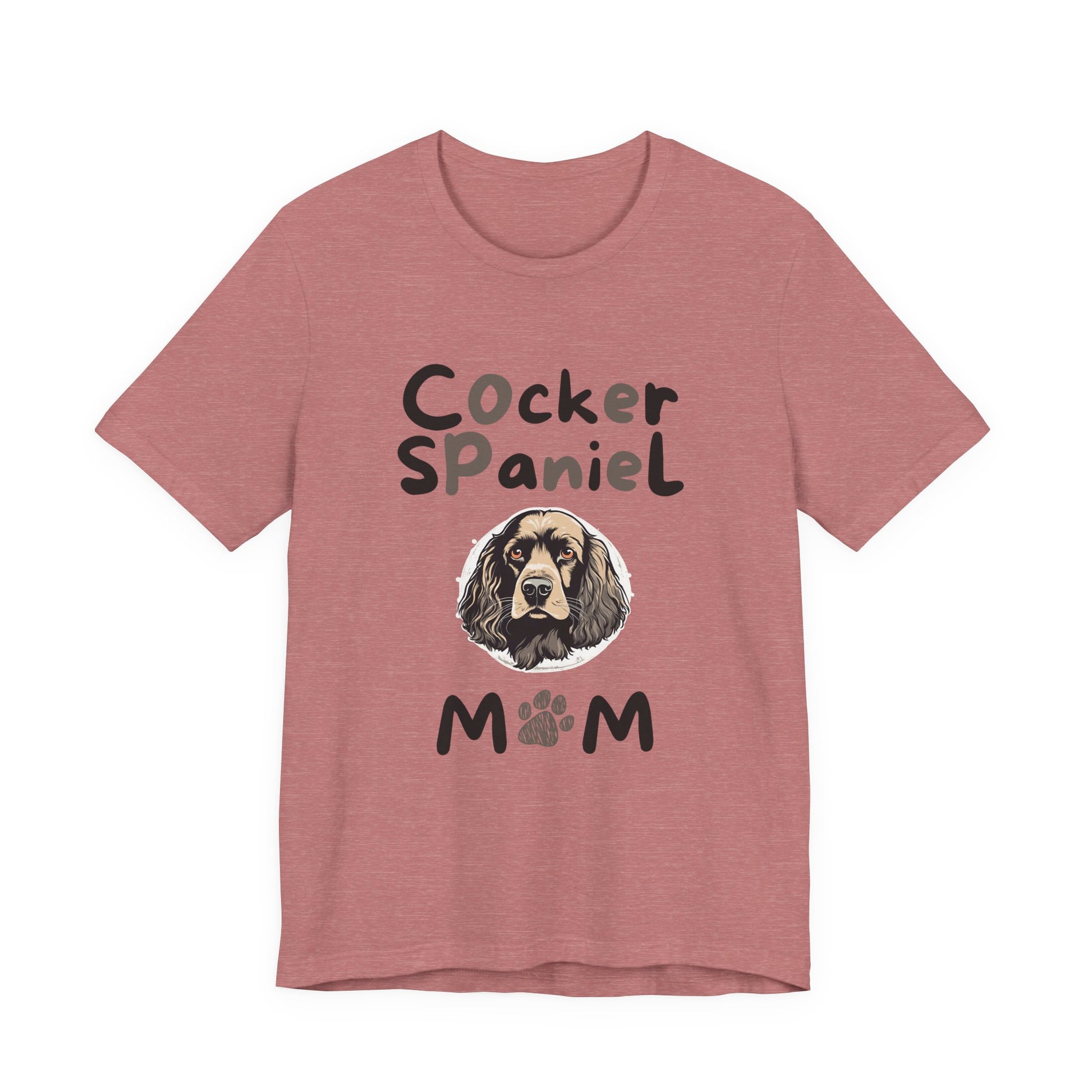 Cocker Spaniel Mum t-shirt in Heather Mauve with paw-print MUM design, flat lay front view