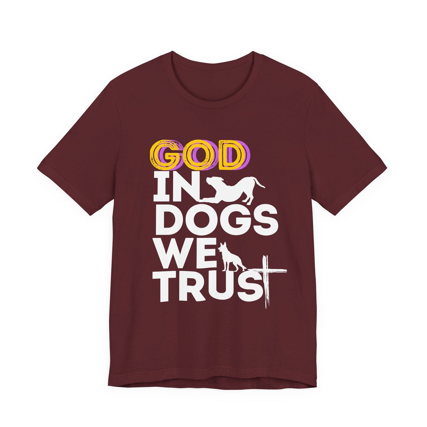 God in Dogs We Trust Christian dog t-shirt in Maroon, front view