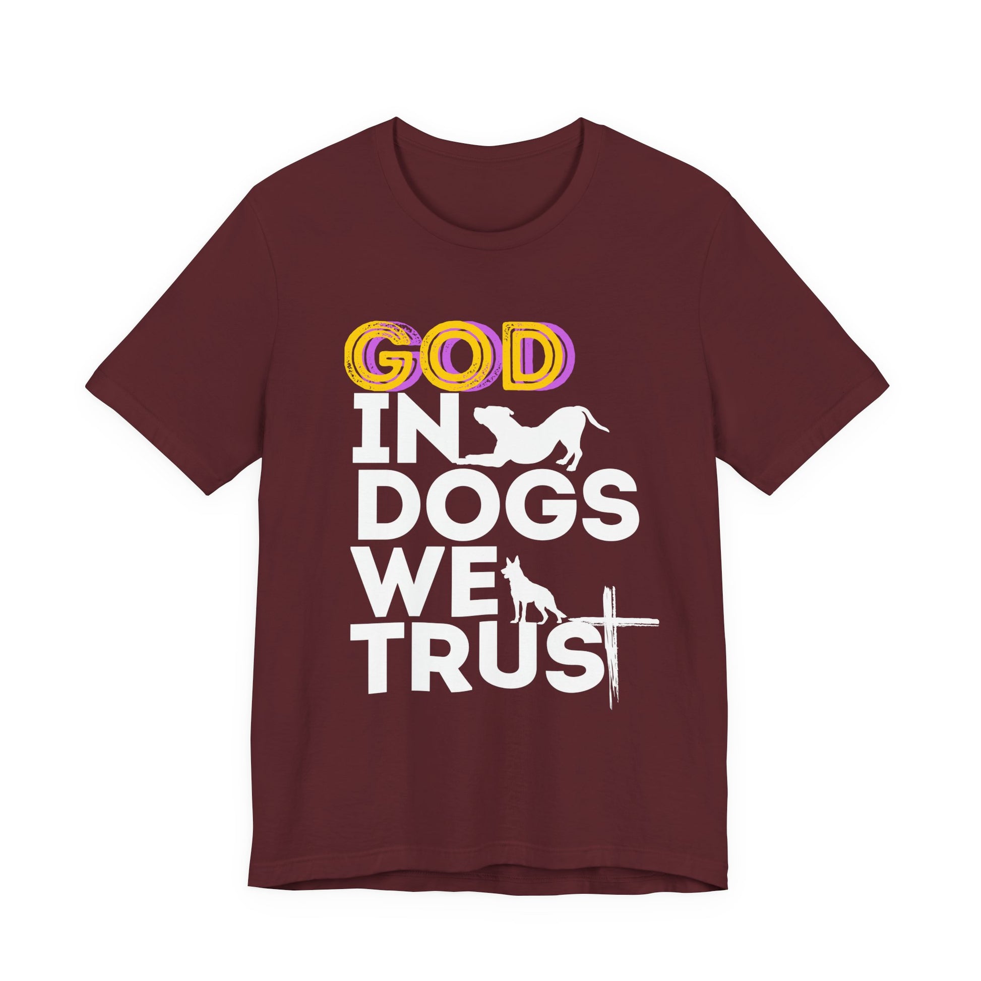 God in Dogs We Trust Christian dog t-shirt in Maroon, front view