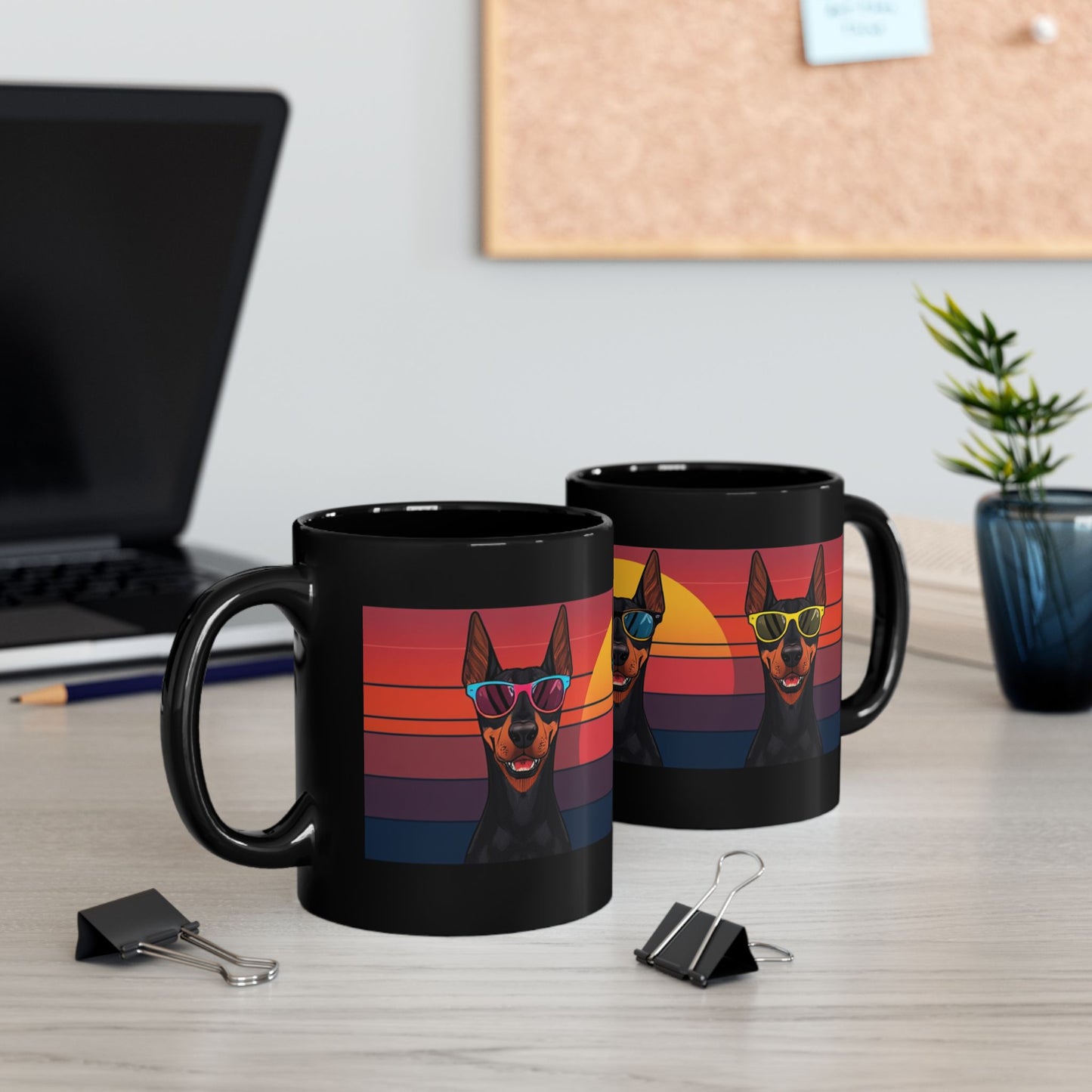 Cool Doberman Sunglasses Mug — Sunset Black Coffee Cup (11oz & 15oz)