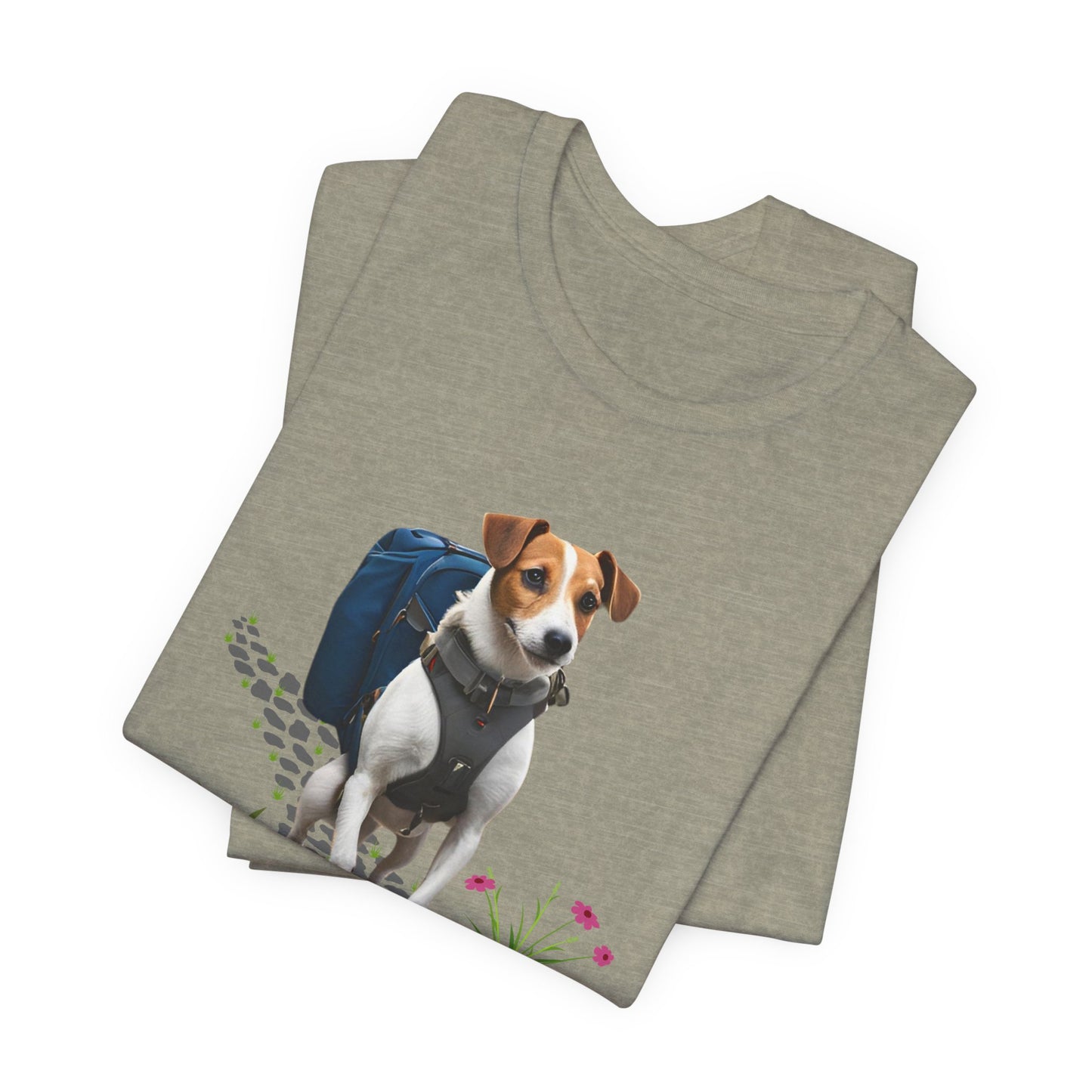 Folded Heather Stone Jack Russell Adventure Buddy tee with backpack terrier print