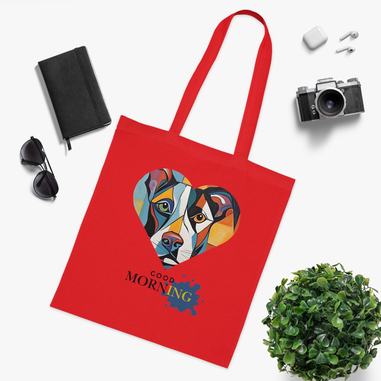 Cotton Tote Bag - Abstract Dog Heart Design with Good Morning Text-Sniffwaggleandwalk™