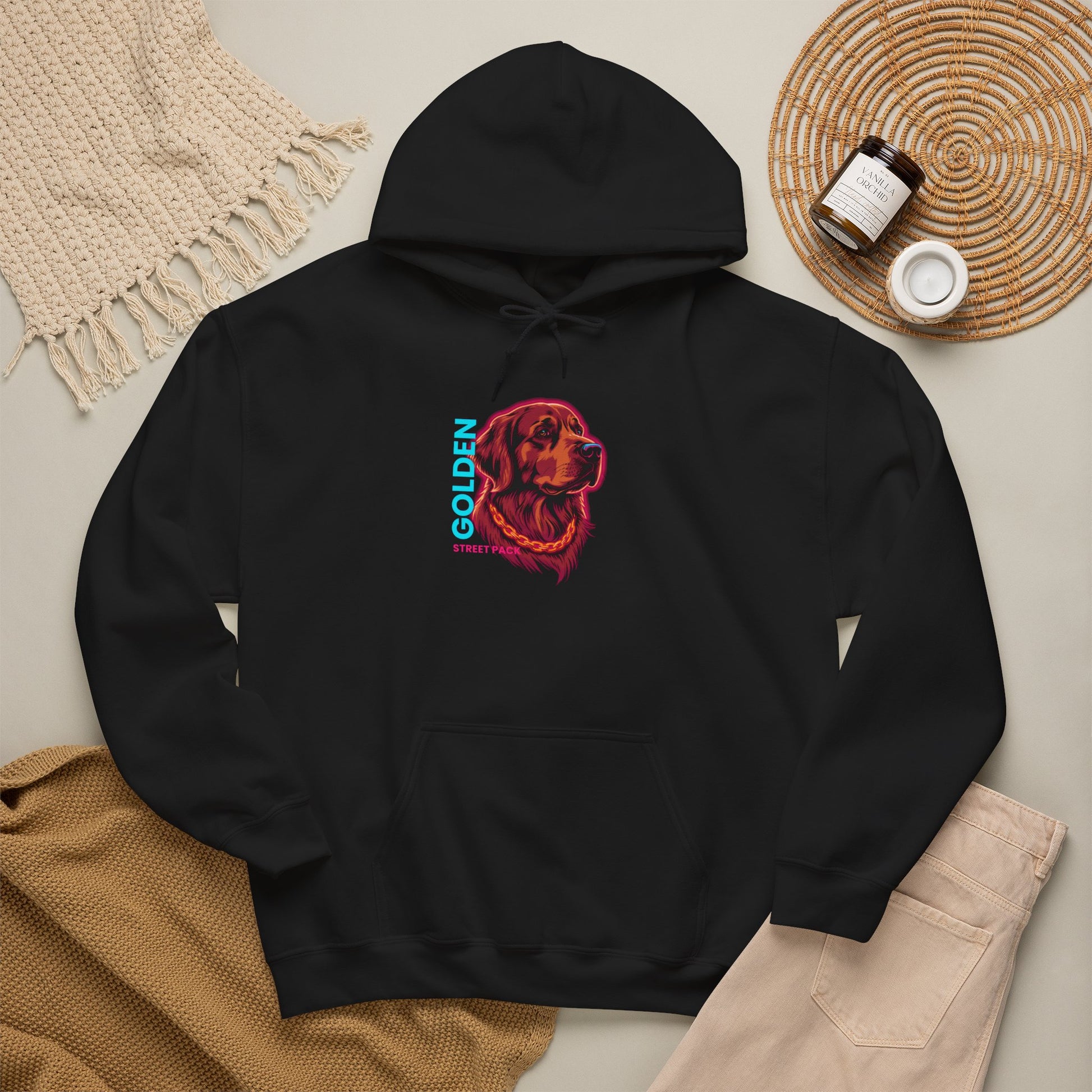 Golden Retriever streetwear hoodie with neon amber dog and gold chain graphic