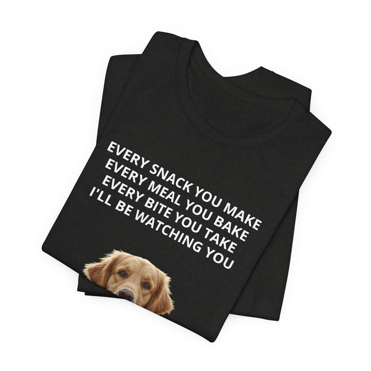 Personalized dog photo t-shirt in Black Heather, folded stack showing design corner